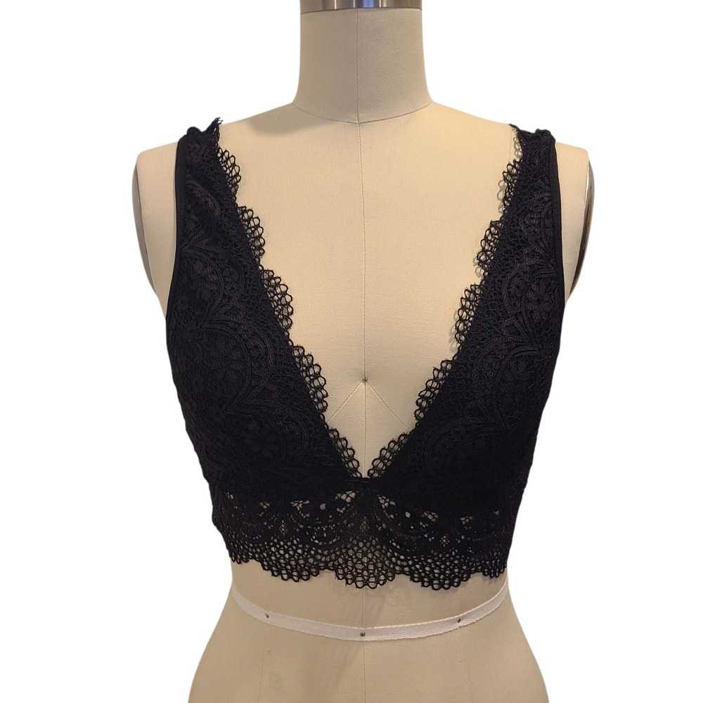 Victorias Secret Black Floral Lace Longline V Neck Bralette Size Medium